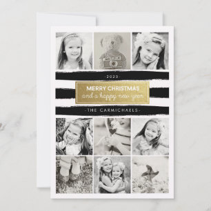 Chic Black White Gold Photo Collage Holidays Card