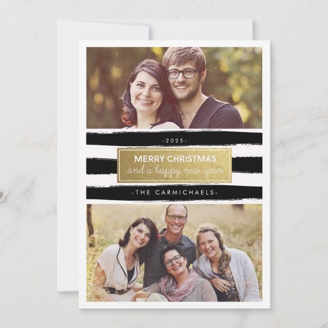 Chic Black White Gold Photo Holidays Card (Front)