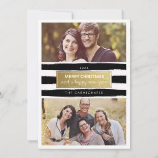 Chic Black White Gold Photo Holidays Card