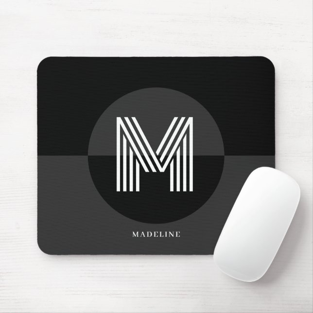Chic Black White Gray Geometric Modern Monogram Mouse Pad (With Mouse)