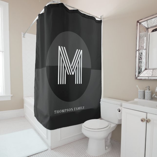Chic Black White Gray Geometric Modern Monogram Shower Curtain (In Situ)