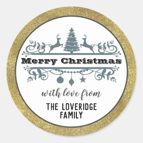 Chic Black White Gray Merry Christmas Gold Glitter Classic Round Sticker