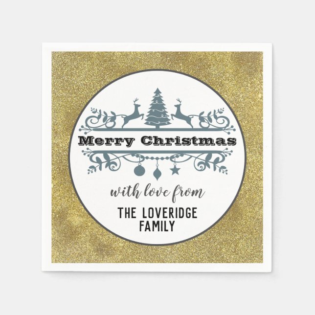 Chic Black White Gray Merry Christmas Gold Glitter Napkins (Front)