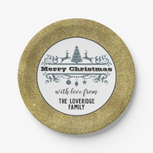 Chic Black White Gray Merry Christmas Gold Glitter Paper Plates