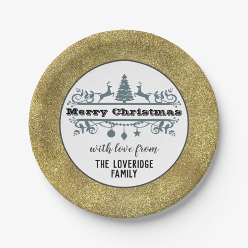 Chic Black White Gray Merry Christmas Gold Glitter Paper Plates