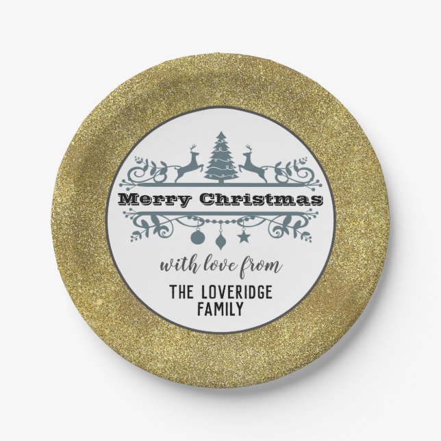 Chic Black White Gray Merry Christmas Gold Glitter Paper Plates (Front)