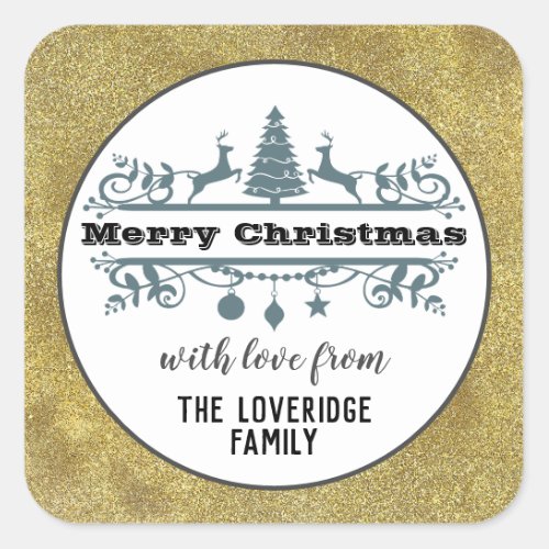 Chic Black White Gray Merry Christmas Gold Glitter Square Sticker