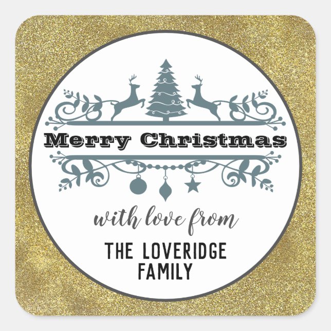 Chic Black White Gray Merry Christmas Gold Glitter Square Sticker (Front)