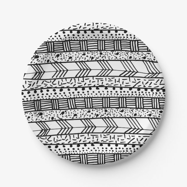 Chic black white hand drawn tribal pattern paper plates (Front)