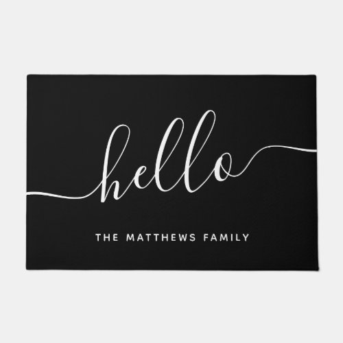 Chic Black White Hello Script Family Name Welcome Doormat