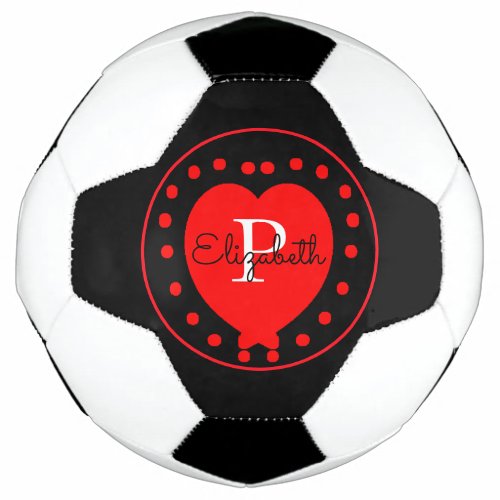 Chic Black White Initial Monogram Red Heart Soccer Ball