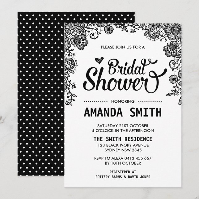 Chic Black & White Lace Bridal Shower Invitation (Front/Back)