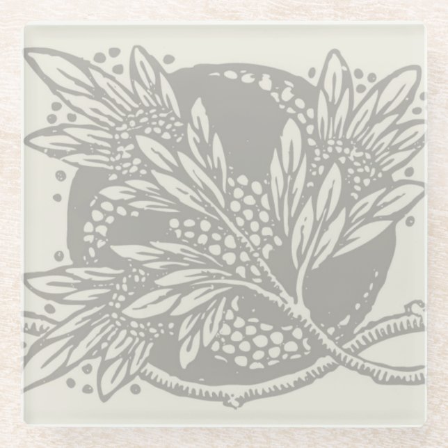 Chic Black White Leaf Botanical Art Nouveau Glass Coaster (Front)