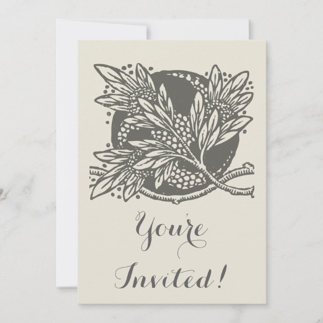Chic Black White Leaf Botanical Art Nouveau Invitation (Front)