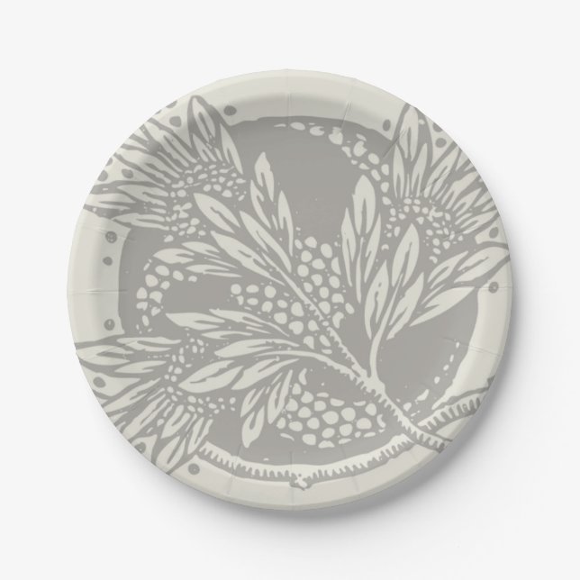 Chic Black White Leaf Botanical Art Nouveau Paper Plates (Front)