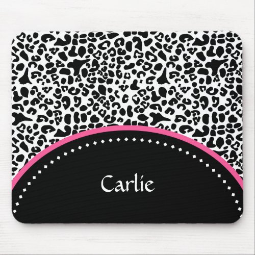 Chic Black White Leopard Print Pink Accent Name Mouse Pad