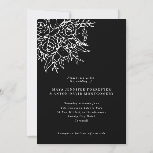 Chic Black  White Line Art Floral Wedding Invitation