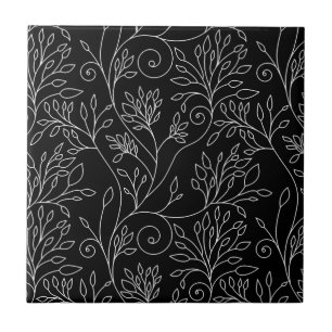 Chic Black White Line Art Vines Botanical Pattern Ceramic Tile