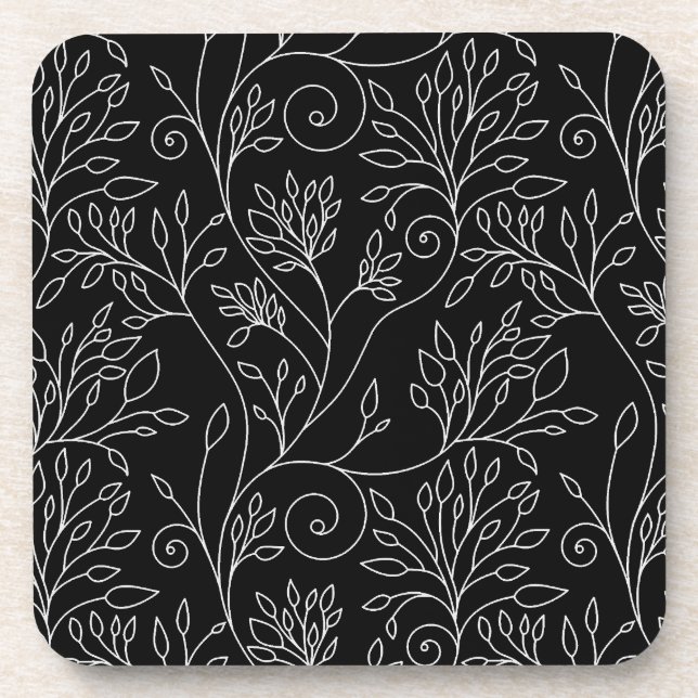 Chic Black White Line Art Vines Botanical Pattern Coaster (Front)