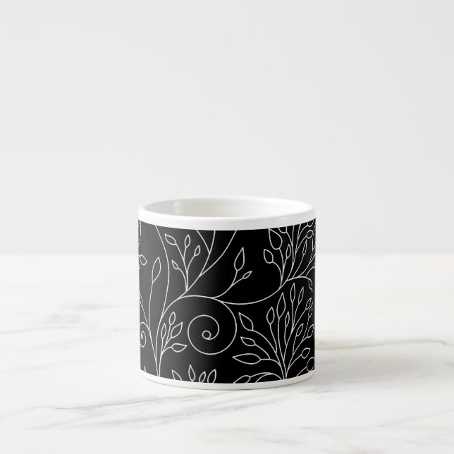 Chic Black White Line Art Vines Botanical Pattern Espresso Cup (Front)