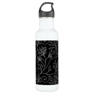 Chic Black White Line Art Vines Botanical Pattern Stainless Steel Water Bottle