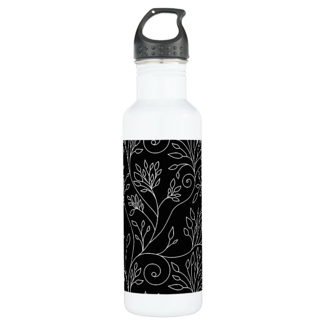 Chic Black White Line Art Vines Botanical Pattern Stainless Steel Water Bottle (Front)