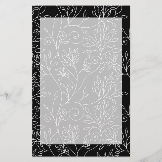 Chic Black White Line Art Vines Botanical Pattern Stationery (Front)