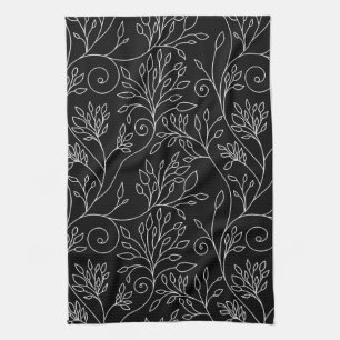 Chic Black White Line Art Vines Botanical Pattern Towel