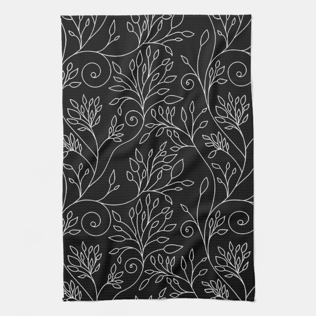 Chic Black White Line Art Vines Botanical Pattern Towel (Vertical)