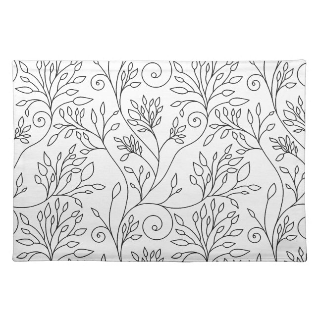 Chic Black White Line Art Vines Floral Pattern Cloth Placemat (Front)