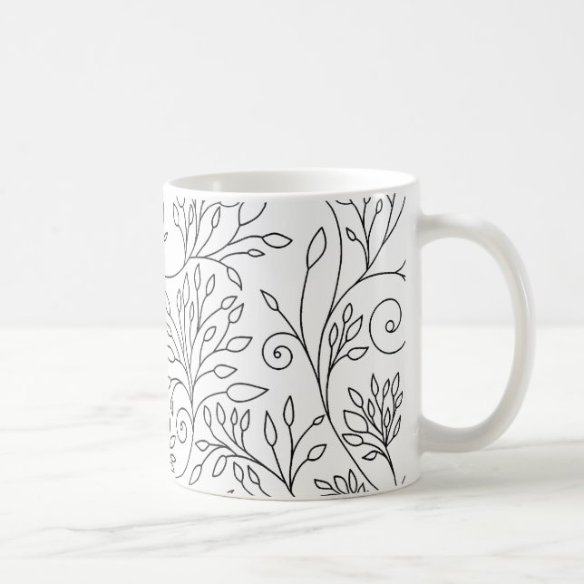 Chic Black White Line Art Vines Floral Pattern Coffee Mug (Right)