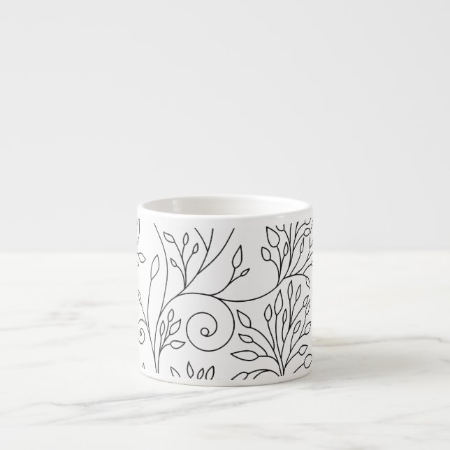 Chic Black White Line Art Vines Floral Pattern Espresso Cup (Front)