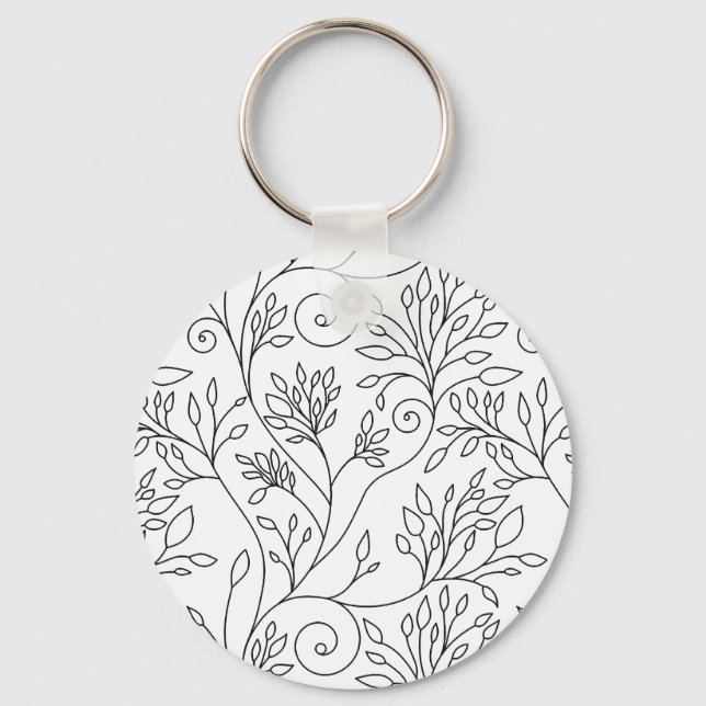 Chic Black White Line Art Vines Floral Pattern Keychain (Front)