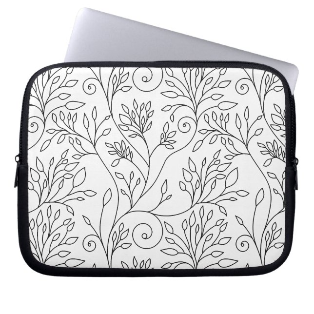 Chic Black White Line Art Vines Floral Pattern Laptop Sleeve (Front)