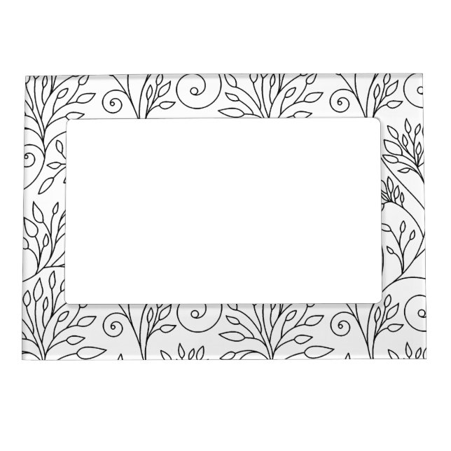 Chic Black White Line Art Vines Floral Pattern Magnetic Picture Frame (Front)