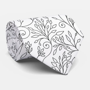 Chic Black White Line Art Vines Floral Pattern Neck Tie