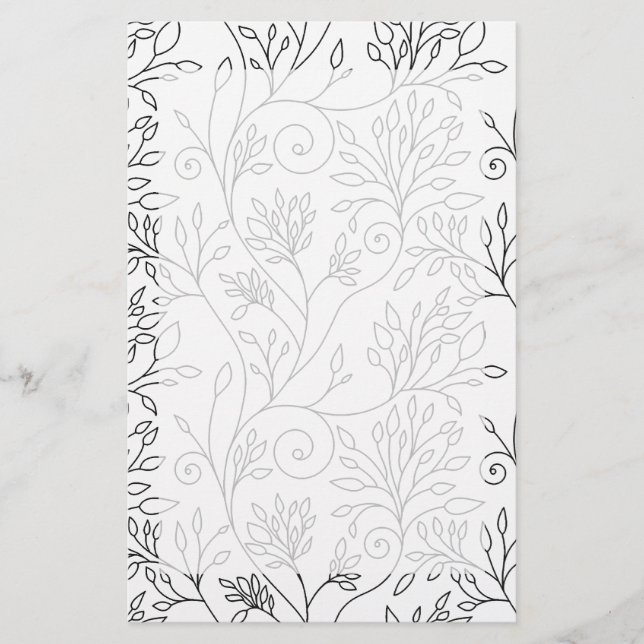 Chic Black White Line Art Vines Floral Pattern Stationery (Front)