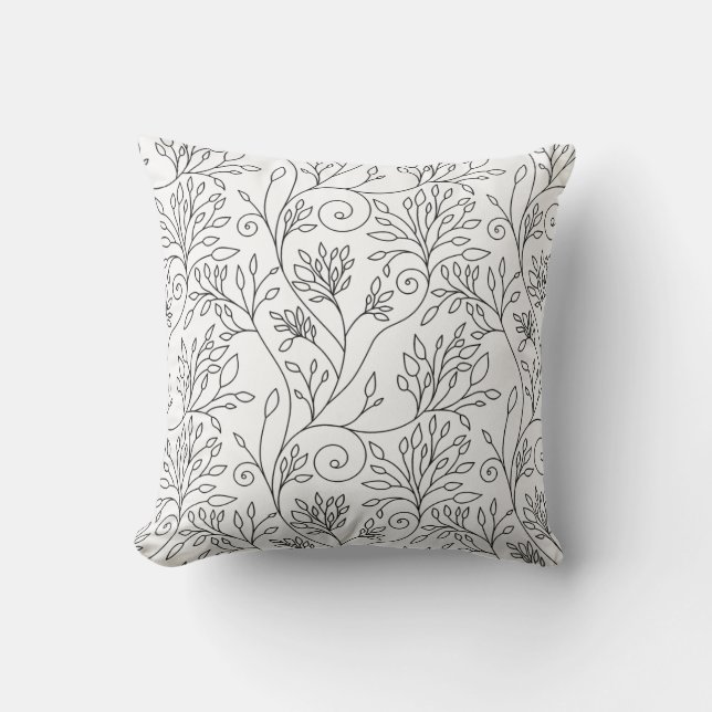 Chic Black White Line Art Vines Floral Pattern Throw Pillow (Front)