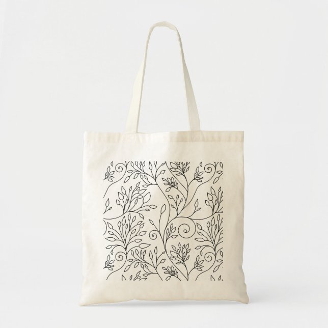 Chic Black White Line Art Vines Floral Pattern Tote Bag (Front)