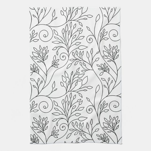 Chic Black White Line Art Vines Floral Pattern Towel (Vertical)