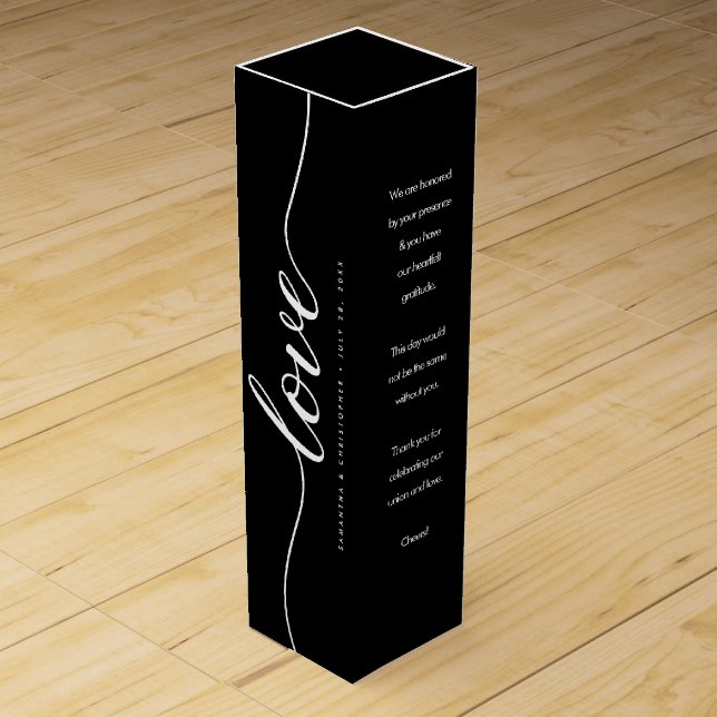 Chic Black White Love script Wedding Favor Wine Box (Front)