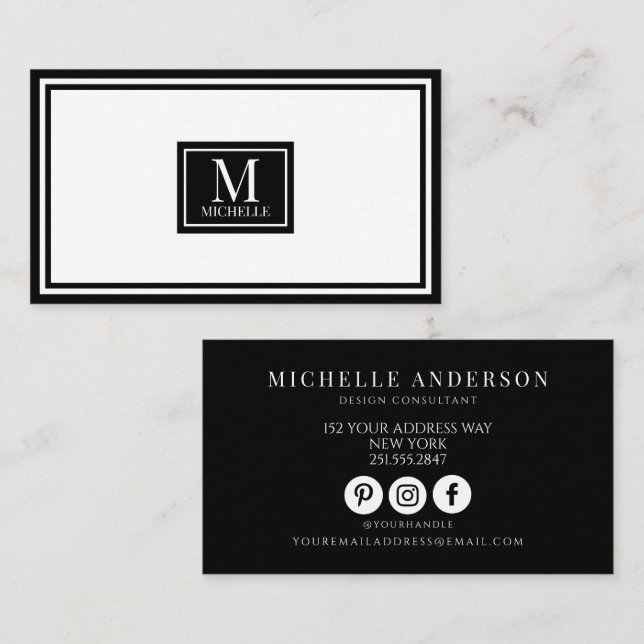 Chic Black White Luxury Monogram Modern Business Card (Front/Back)