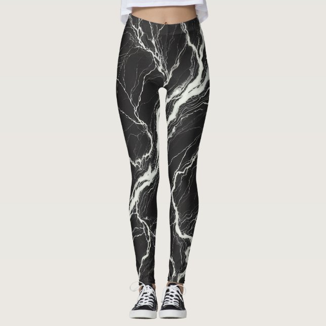 Chic Black & White Marble Look Glamour Leggings (Front)
