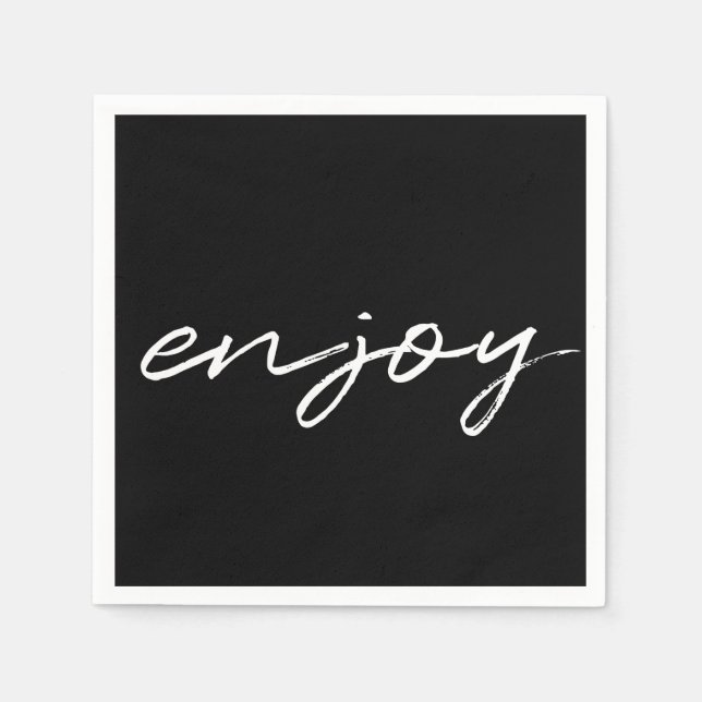 Chic Black & White Minimalist Script "enjoy" Party Napkins (Front)