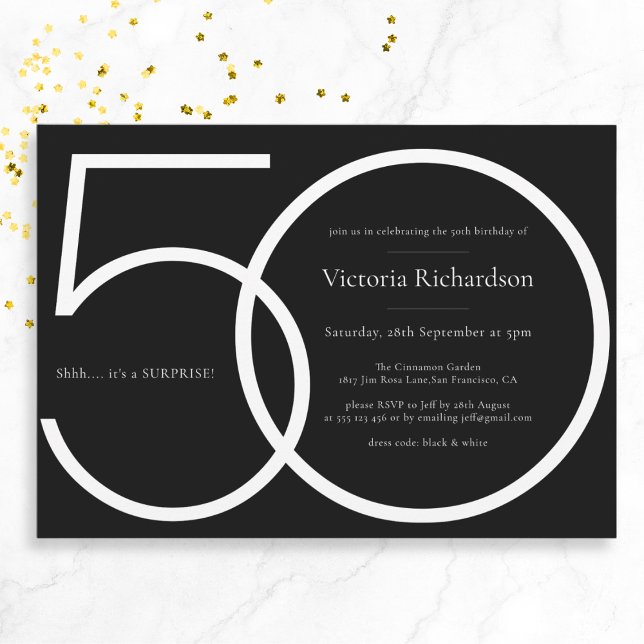 Chic Black White Minimalist Surprise 50th Birthday Invitation (Mockup View)