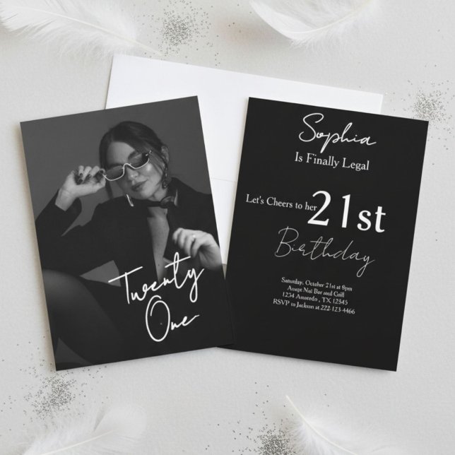 Chic Black & White Modern21st Photo Birthday Invitation (Creator Uploaded)