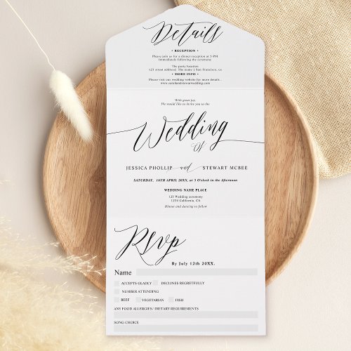 Chic black white modern calligraphy wedding all in one invitation