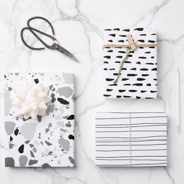 Chic Black & White Modern Patterns Terrazzo Inky Wrapping Paper Sheets (Front)