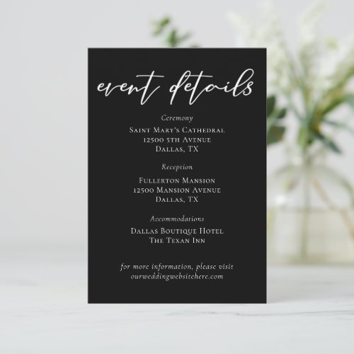 Chic Black White Modern Wedding Event Details Enclosure Card