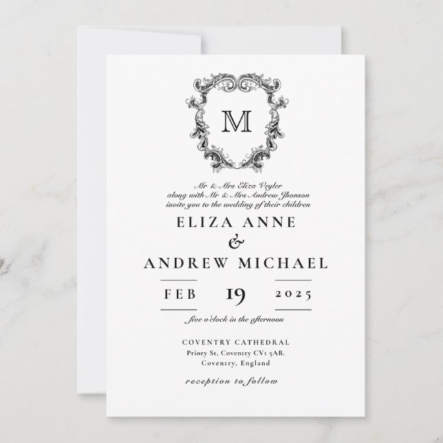 ChIc Black White Monogram Crest Wedding Invitation (Front)